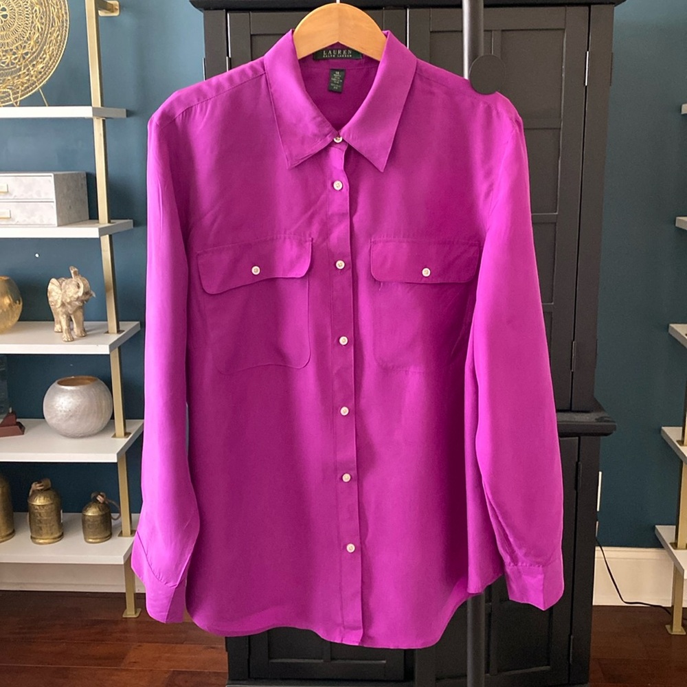 Lauren Ralph Lauren Fuchsia Silk Button-Up Blouse